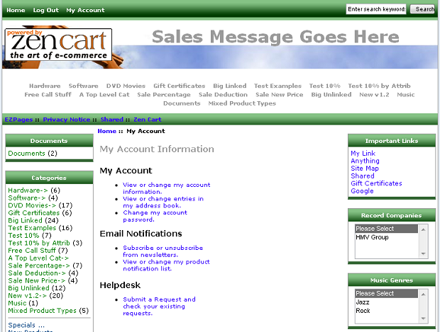 Conhecendo ferramentas para montar um site de comércio eletrônico baseado em Linux 3 screenshot_my_account_zencart