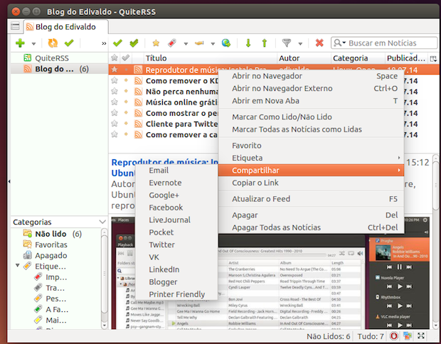 Leia feeds, compartilhe notícias no LinkedIn, Blogger e imprima com o QuiteRSS