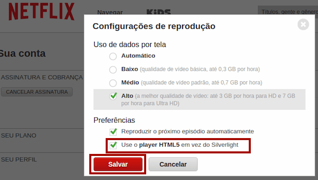 Netflix: opções de reprodução automática, player HTML5