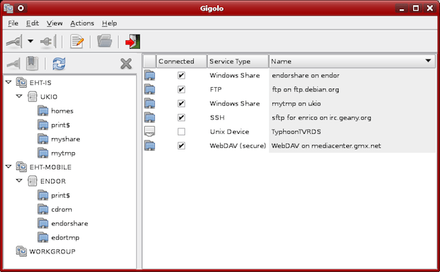 Gigolo - Interface para gerenciar conexões com sistemas de arquivos remotos usando GIO/gvfs