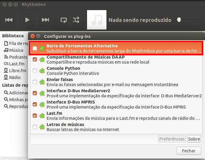 Como ocultar a barra de ferramentas de controle do Rhythmbox