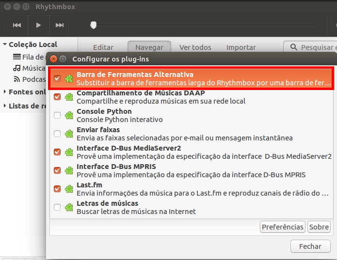 Como ocultar a barra de ferramentas de controle do Rhythmbox