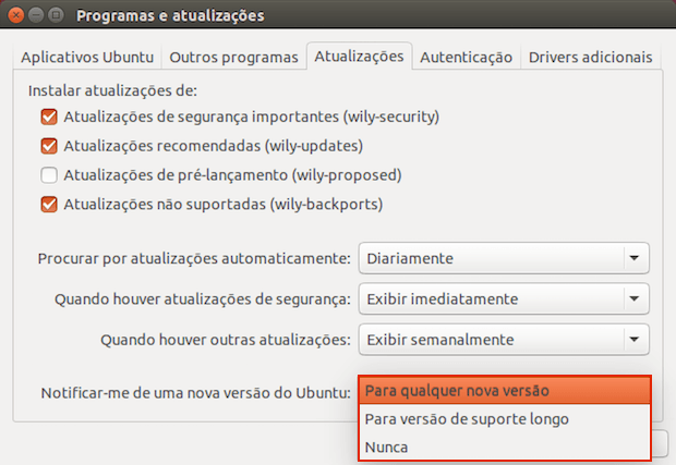 Como configurar o Ubuntu para avisar que existe uma nova versão