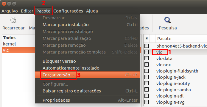 Como fazer downgrade de um pacote instalado usando o Synaptic