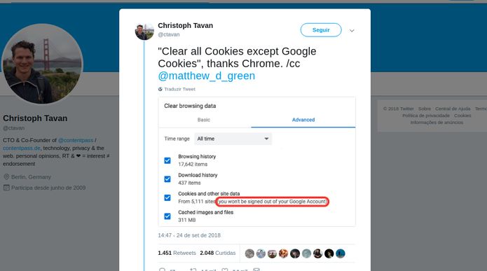 Chrome 69 não exclui cookies do Google ao limpar todos os dados do site