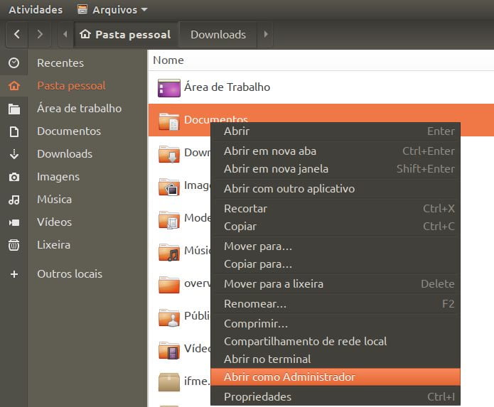 Como ativar a opção 'Abrir como Administrador' no Ubuntu 19.10