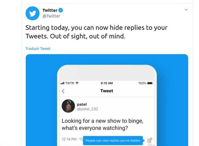 Agora você pode ocultar respostas dos seus tweets