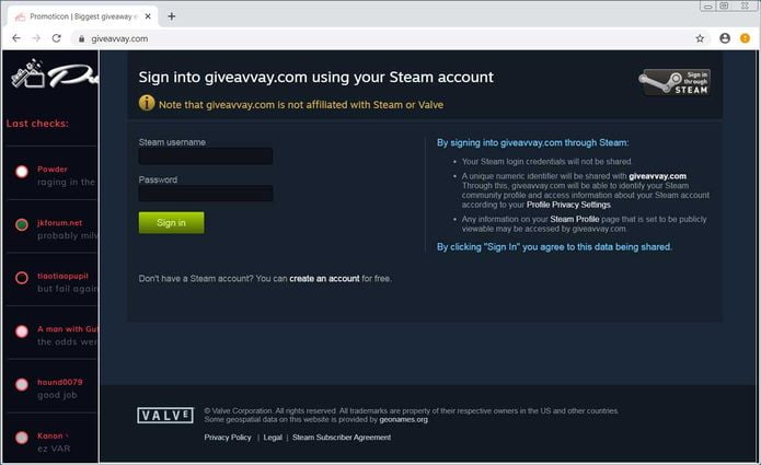 Site falso de distribuição de skins do Steam rouba credenciais de login
