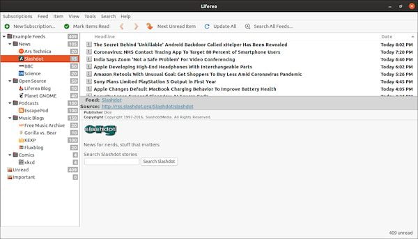 Como instalar o leitor de feeds Liferea no Linux via Snap