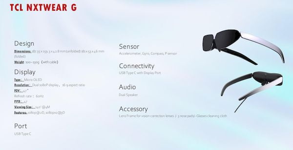 Óculos TCL NXTWEAR G, telas vestíveis para o seu telefone ou PC