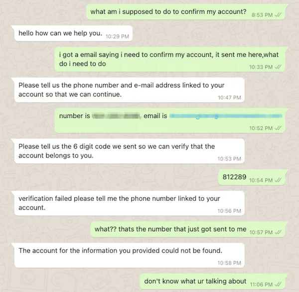 Scammer discutindo com a vítima no WhatsApp