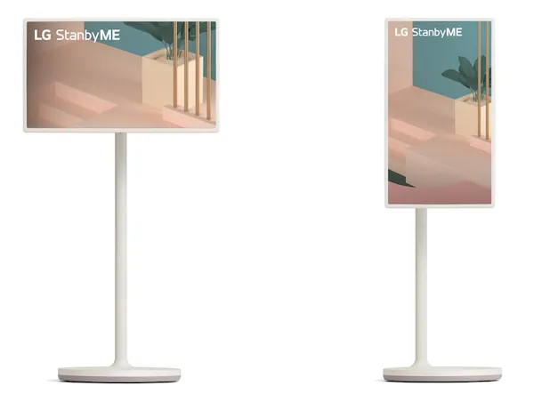 LG StanbyME, um tablet de 27 polegadas em um suporte que é uma TV LG StanbyME, um tablet de 27 polegadas em um suporte que é uma TV