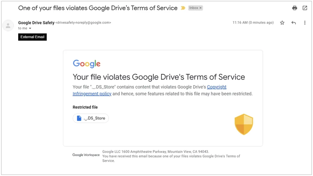 Google Drive sinalizando arquivos '.DS_Store' por violação de direitos autorais