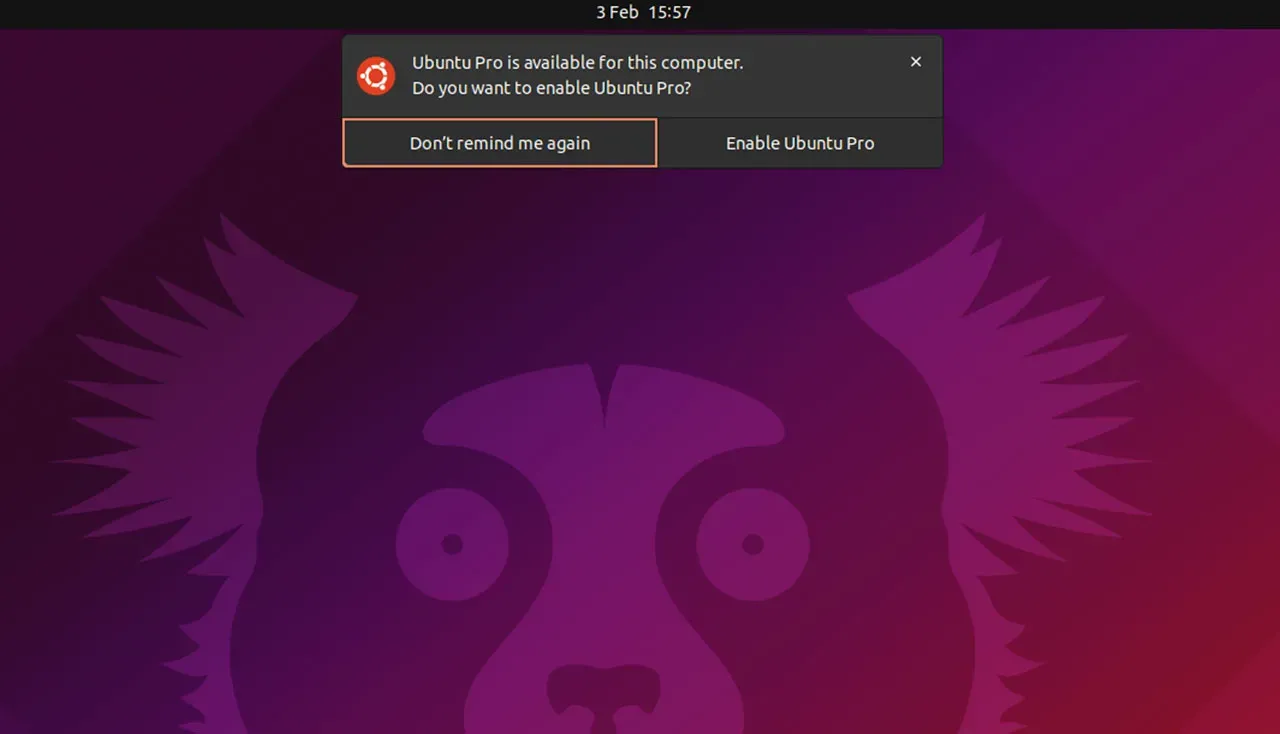 Ubuntu 22.04 Dailys mostra uma notificação do Ubuntu Pro no login