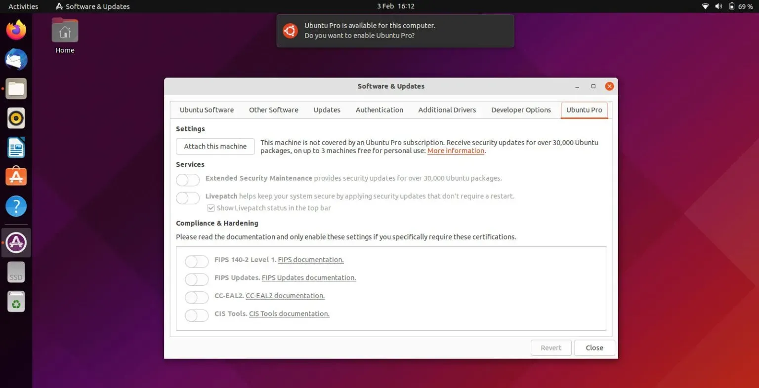 Ubuntu 22.04 Dailys mostra uma notificação do Ubuntu Pro no login
