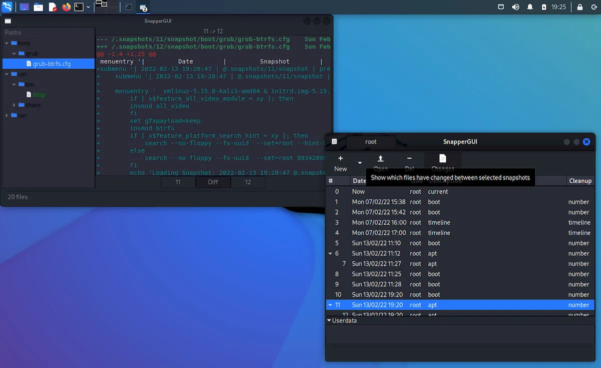 Kali Unkaputtbar, instantâneos do sistema de arquivos no Kali Linux em Btrfs