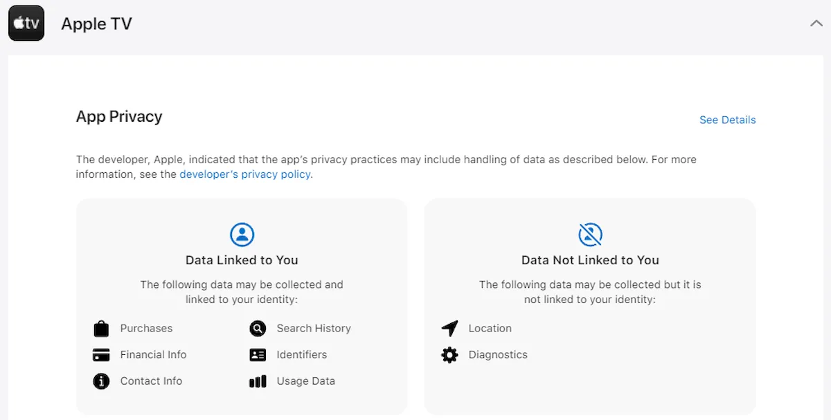 Resumo da coleta de dados da Apple TV