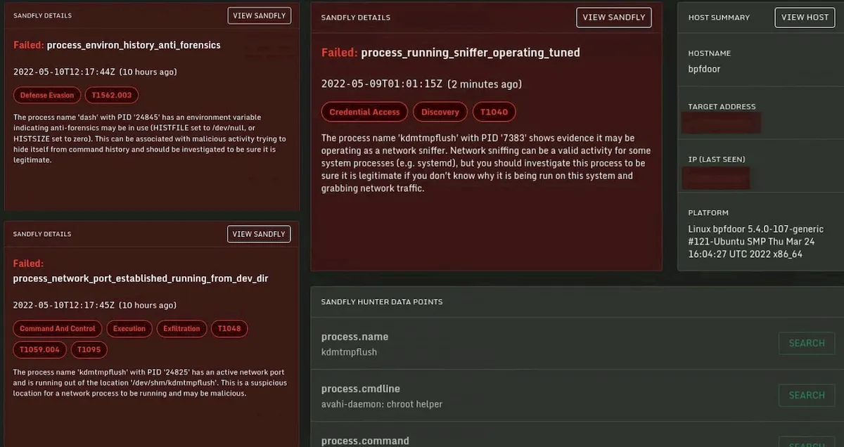 Detecção da solução sem agente Sandfly para segurança Linux