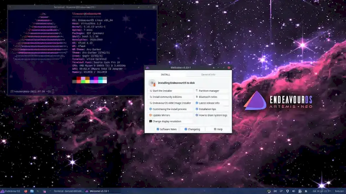 EndeavourOS Artemis Neo 22.7 lançado com kernel 5.18.16