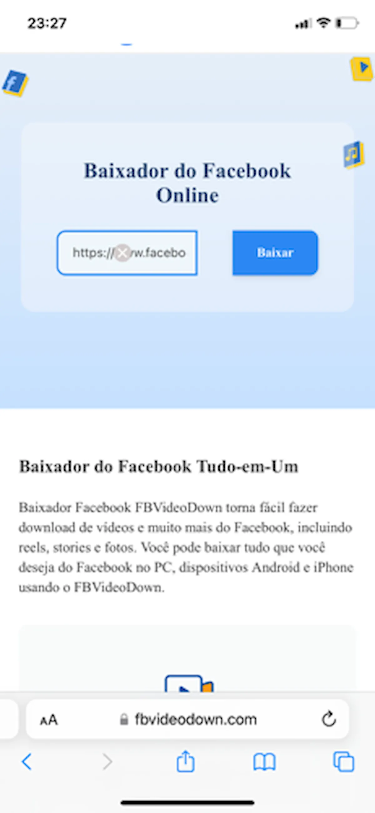 Use o navegador do seu celular para acessar a página do FBVideoDown.