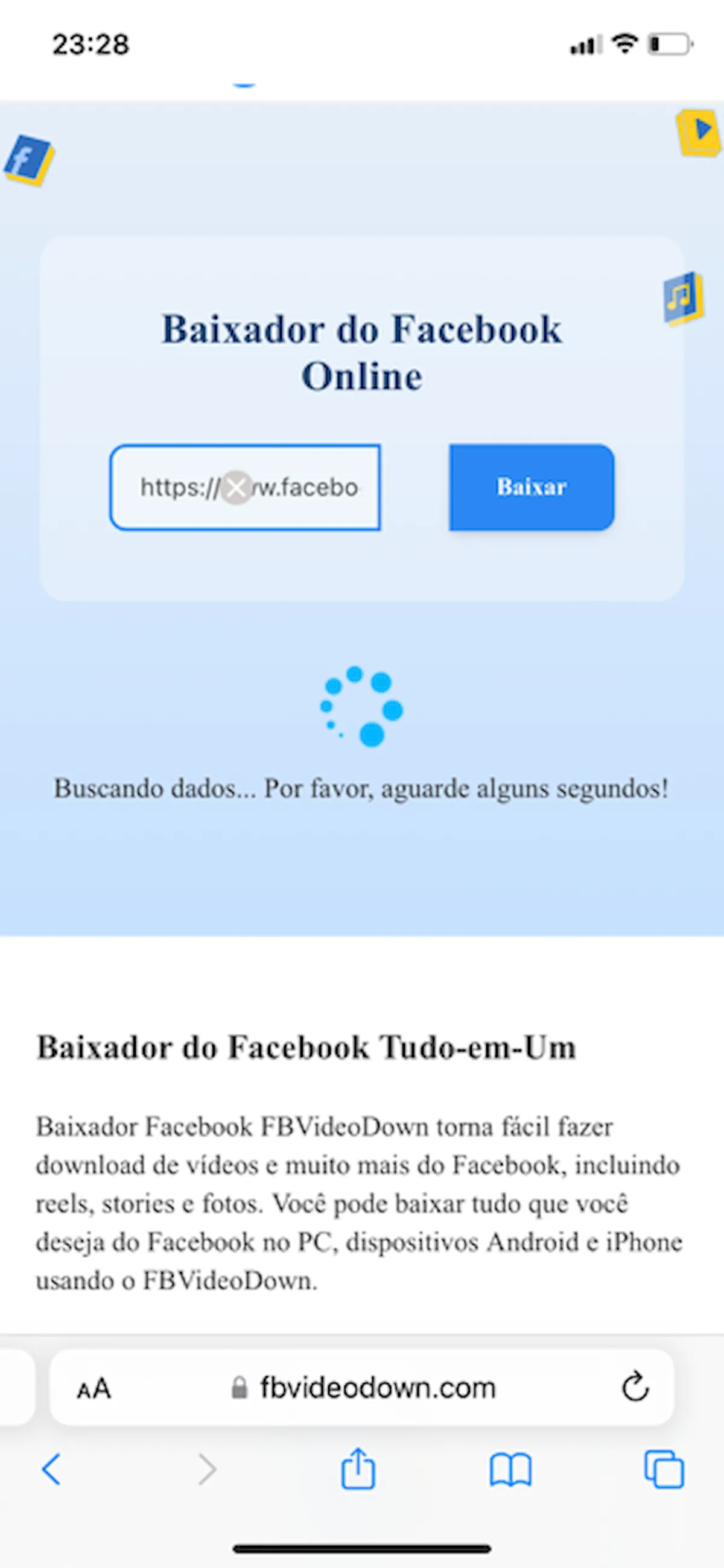 Cole a URL do vídeo na barra de busca do FBVideoDown e clique em Baixar