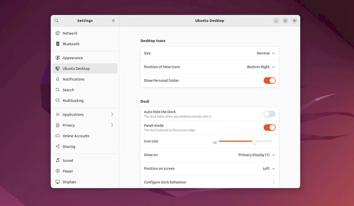 Novas configurações do 'Ubuntu Desktop'