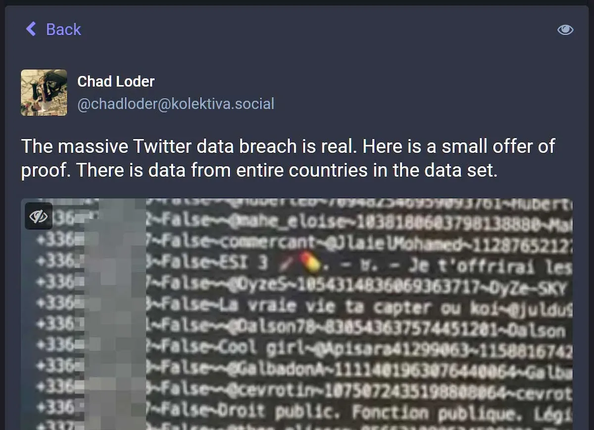 Chad Loder compartilhando notícias da violação maior no Mastodon Fonte: BleepingComputer