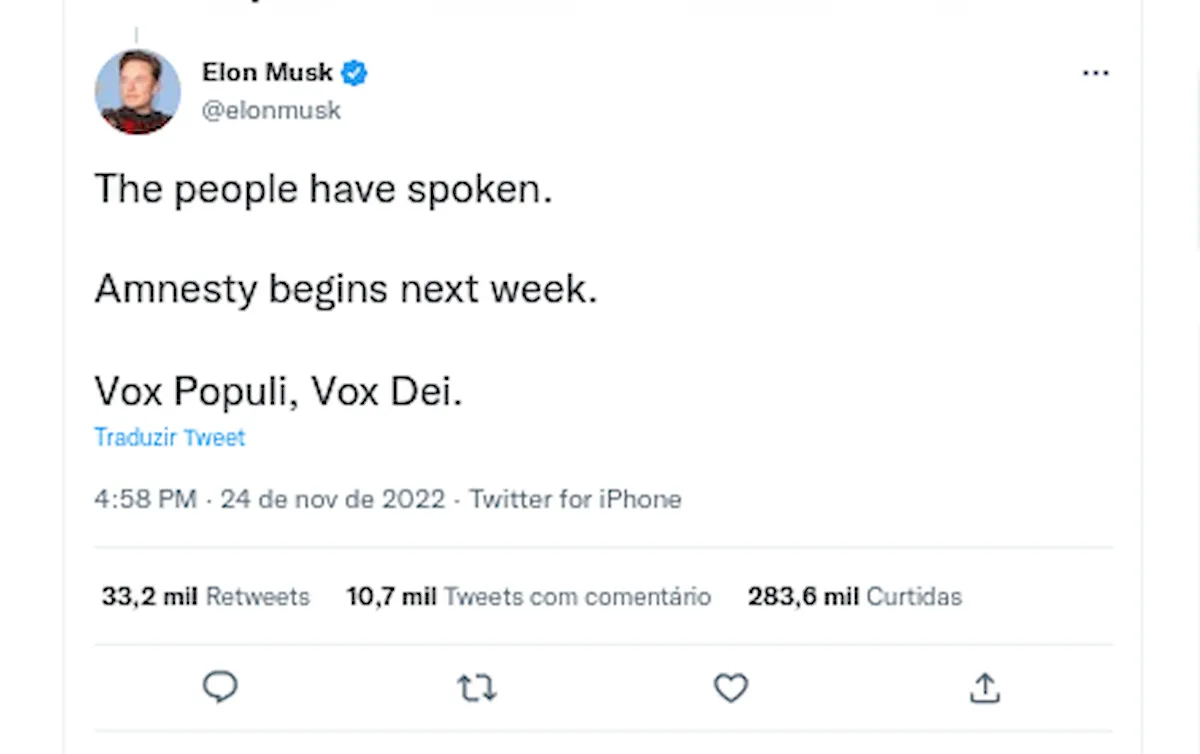 Elon Musk está anistiando contas suspensas no Twitter