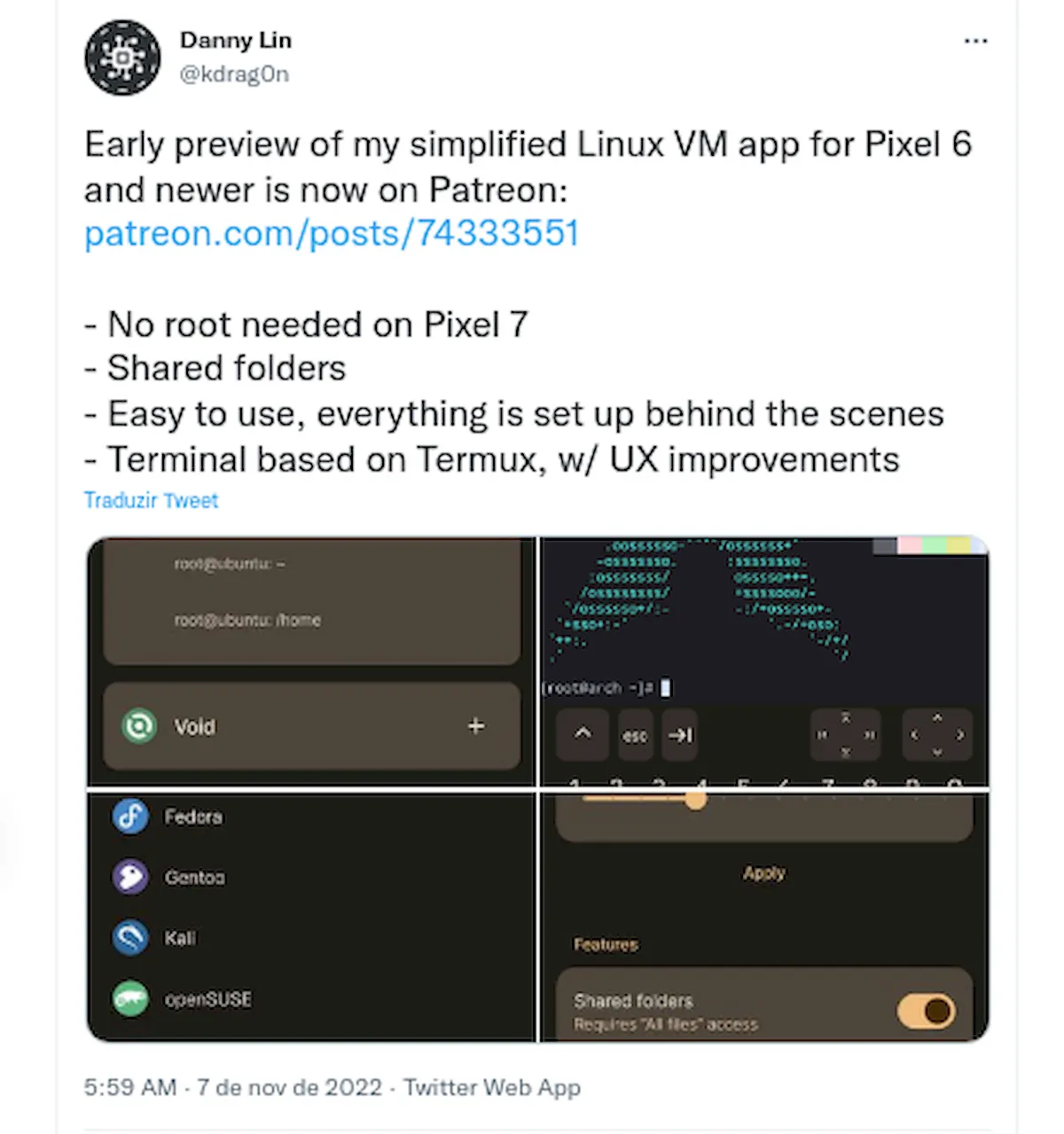 Nestbox leva execução de máquinas virtuais Linux ao Pixel 6 e 7