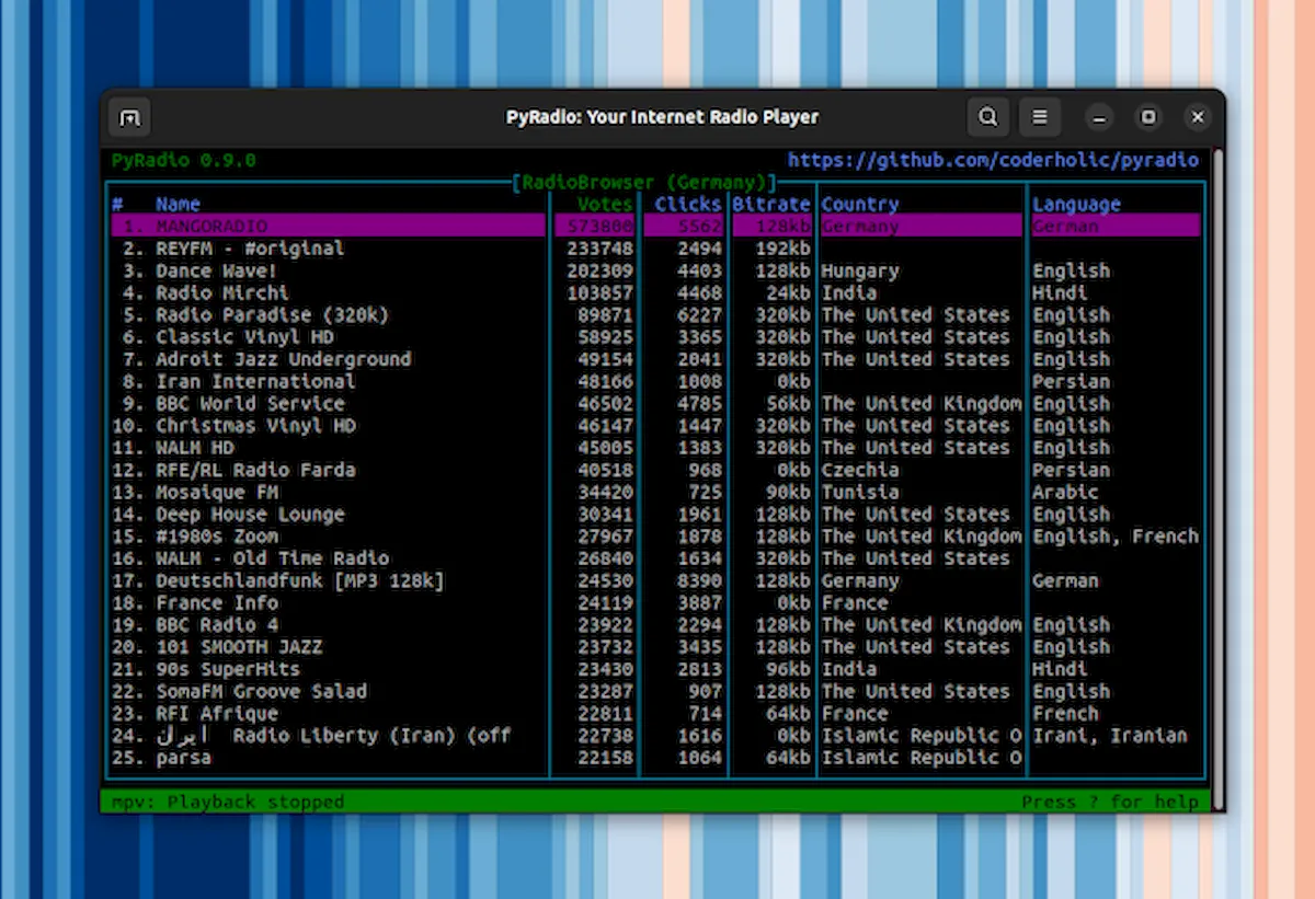 PyRadio 0.9.0 lançado com suporte a www.radio-browser.info