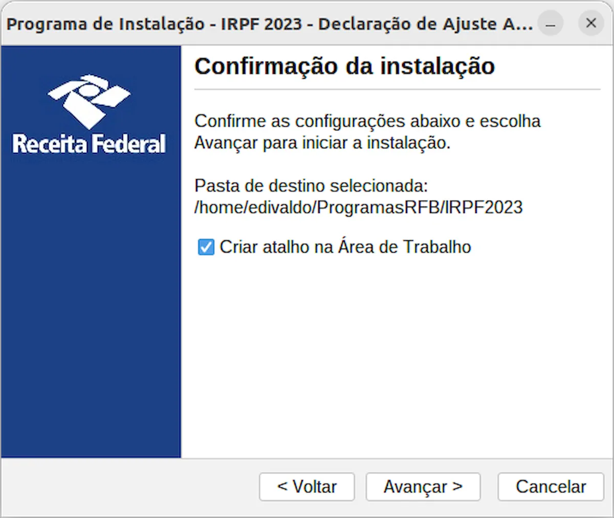 Como instalar o programa IRPF 2023 no Linux via arquivo BIN 5 clicando no botão