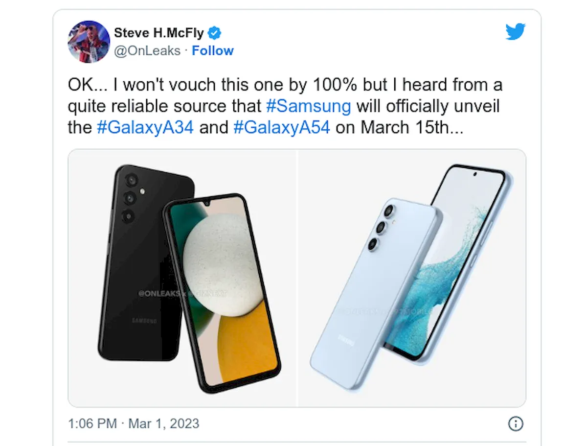 Galaxy A54 e Galaxy A34 podem ser anunciados em 15 de março