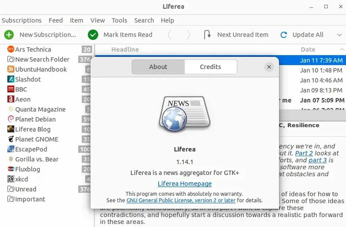 Liferea 1.14.1 lançado com uma correção crítica de segurança