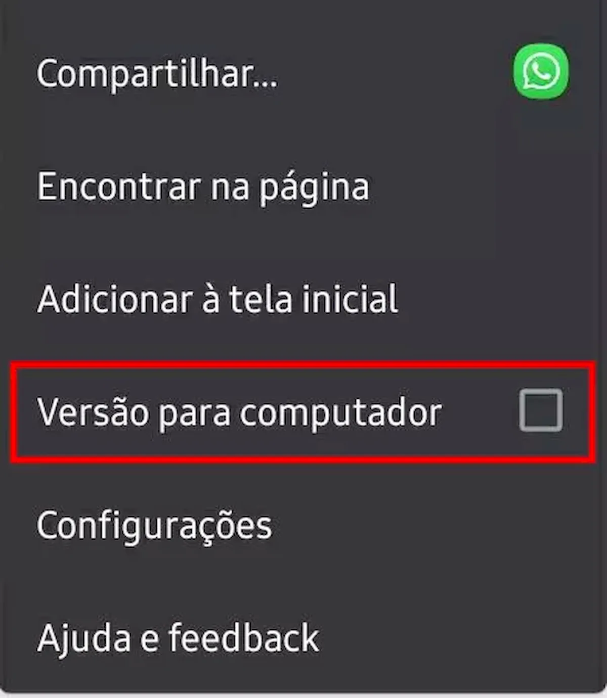 Opção "Site para Computador" do Chrome mobile mudará