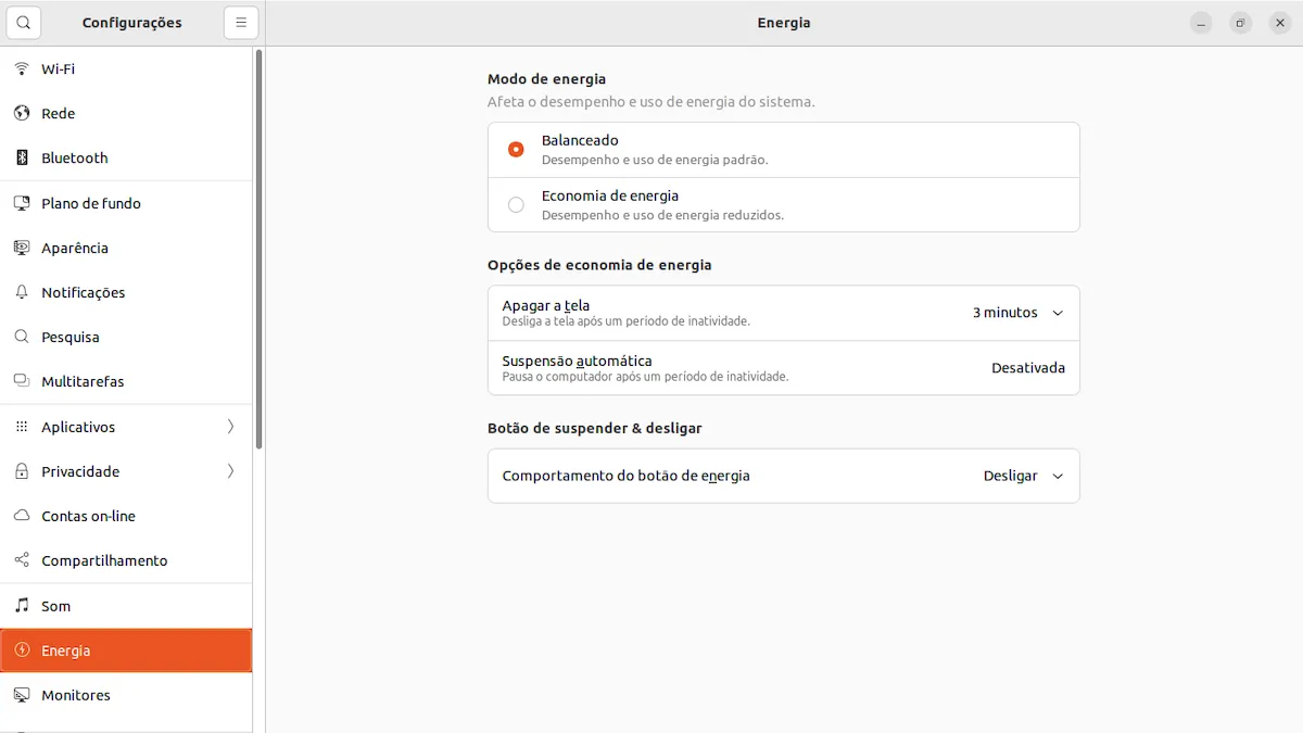 Bloqueio de tela e configurações de energia