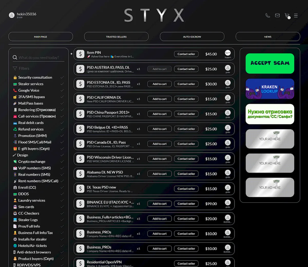 Marketplace STYX se concentra em serviços de fraude financeira