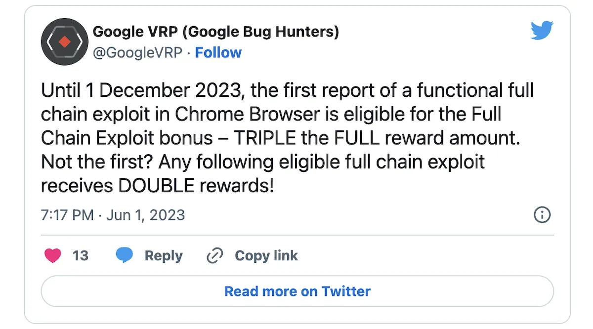 Google triplicou as recompensas por exploits do Chrome na cadeia de escape do sandbox