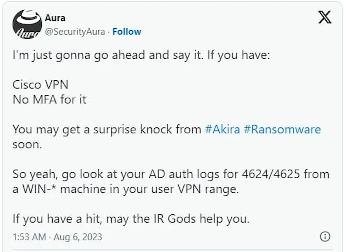 Ransomware Akira usa Cisco VPNs para violar redes corporativas 3 Ransomware Akira usa Cisco VPNs para violar redes corporativas