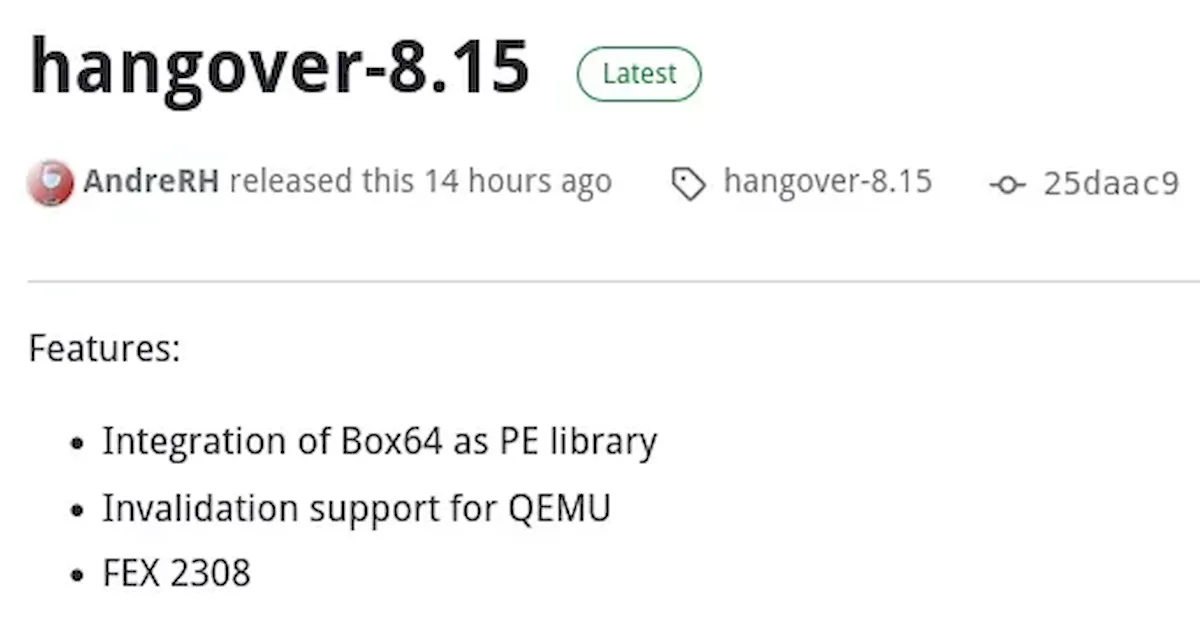 Hangover 8.15 lançado com integração Box64 como biblioteca PE
