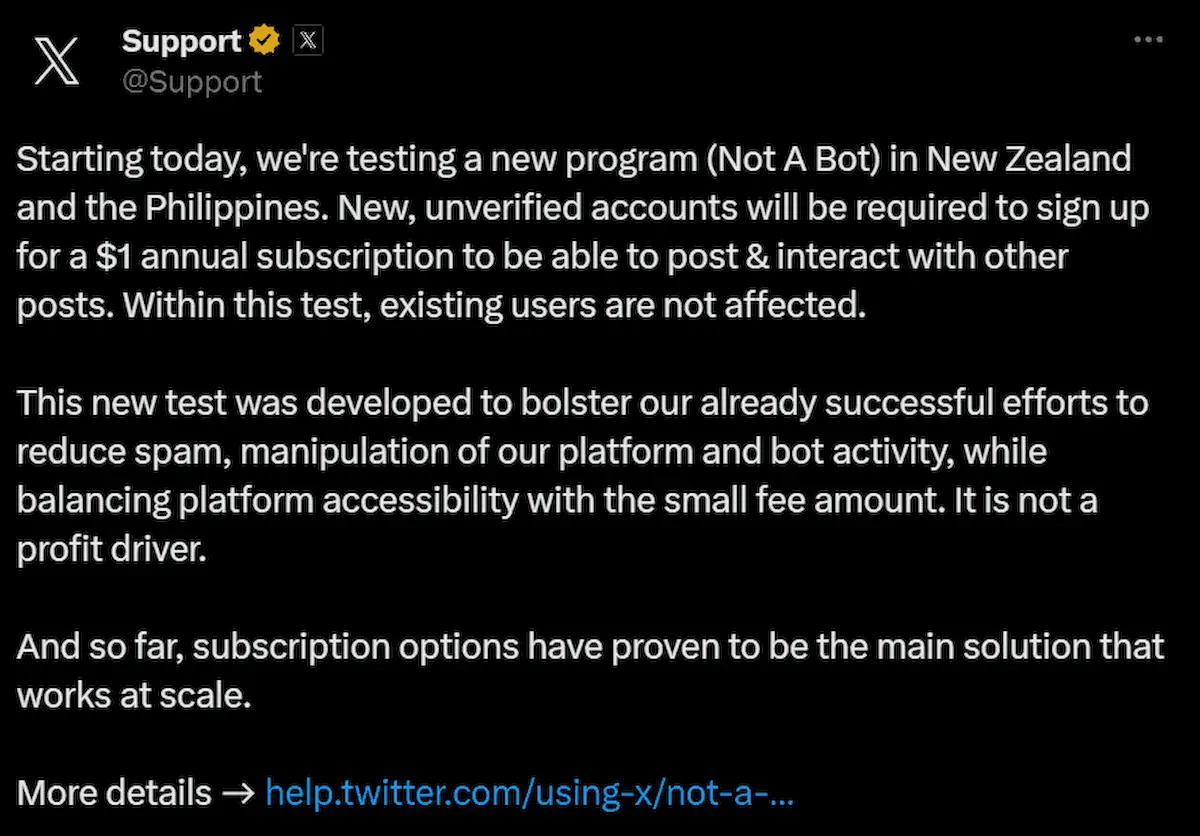 Programa X Not-A-Bot testará a cobrança de US$ 1 anual no X