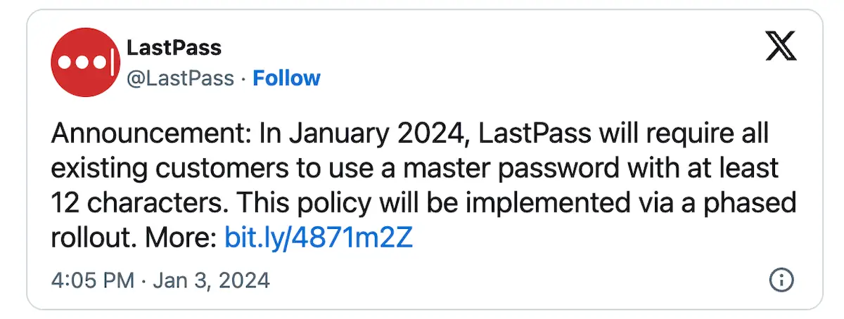 LastPass agora exige senhas mestras de 12 caracteres