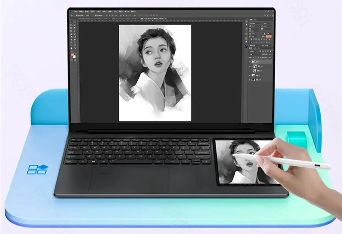 Topton L10, um laptop com um tablet embutido ao lado do teclado
