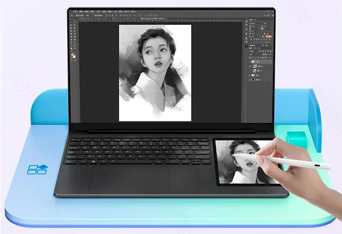 Topton L10, um laptop com um tablet embutido ao lado do teclado 3 Topton L10, um laptop com um tablet embutido ao lado do teclado