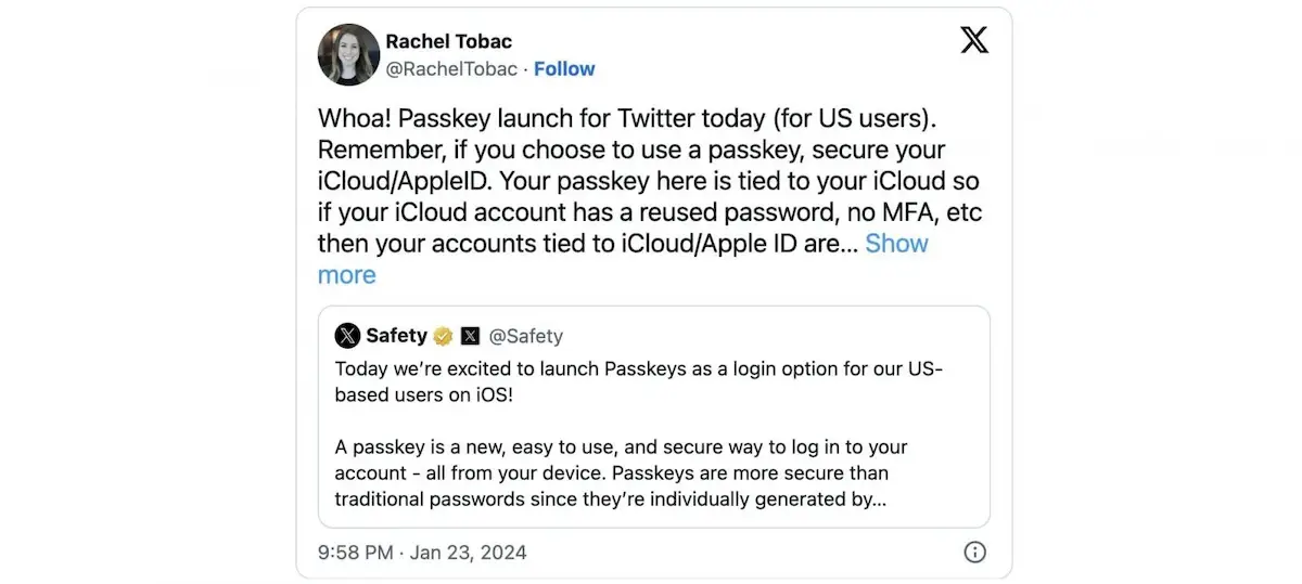 X adicionou o suporte a passkeys para usuários do iOS nos EUA
