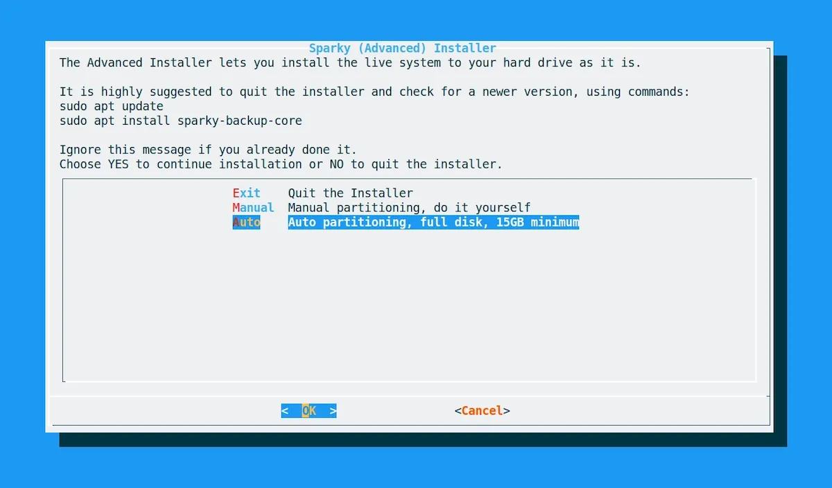 Sparky CLI Installer ganhou particionamento automático