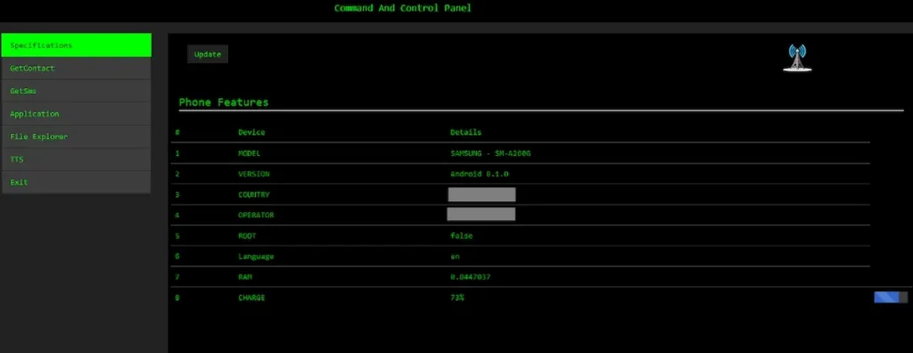 Malware Ratel RAT ataca telefones Android desatualizados 5 Visão geral do dispositivo infectado no painel Ratel RAT Fonte: Check Point