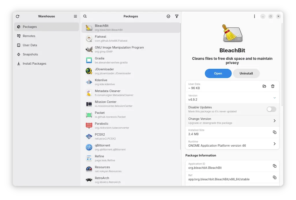 Warehouse 2.1.0 simplifica instalação de arquivos Flatpak locais no Linux