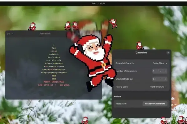 Anime seu Ubuntu com o divertido Pixel Santa da extensão Gnomelets
