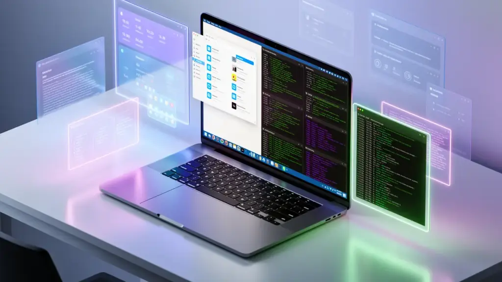 Interface de computador moderna integrando ferramentas para rodar programa do Windows no Linux com facilidade.