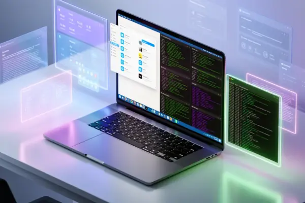 Interface de computador moderna integrando ferramentas para rodar programa do Windows no Linux com facilidade.